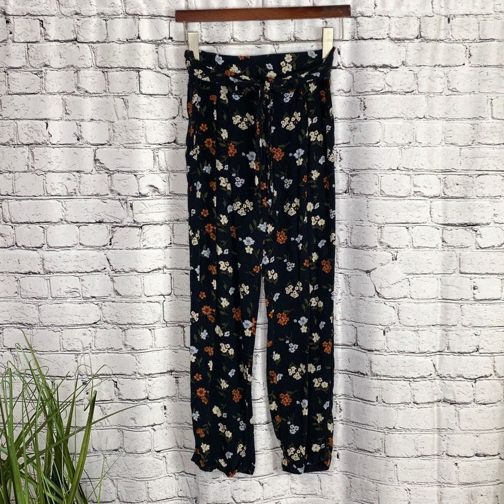 American Eagle Womens Floral Ankle Pants Pull On Waist Tie Casual Black Small‎
